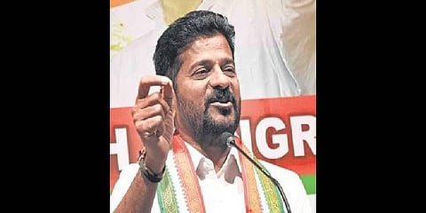 TPCC president A Revanth Reddy addressing media at Gandhi Bhavan in Hyderabad on Friday | R V K Rao