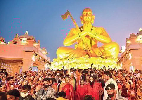 Baba Ramdev with Chinna Jeeyar Swamy at his ashram in Muchintal on Friday