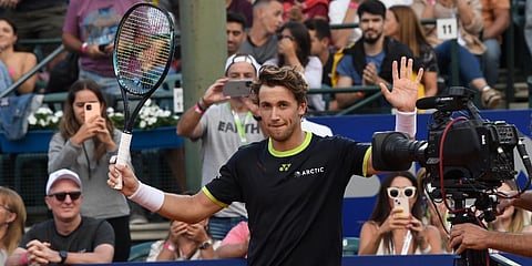 Casper Ruud of Norway celebrates his 6-3, 6-3 victory over Federico Delbonis of Argentina, at the end of their Argentina Open semi-final tennis match, Feb 12, 2022. (Photo | AP)