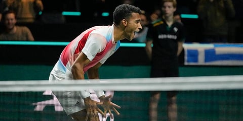 Canada's Felix Auger-Aliassime celebrates his win against Greece's Stefanos Tsitsipas in the ABN AMRO world tennis tournament men's final at Ahoy Arena, Rotterdam, Feb 13, 2022. (Photo | AP)