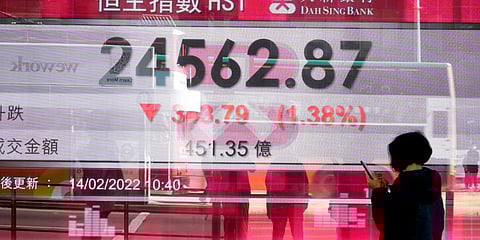 A woman walks past a bank's electronic board showing the Hong Kong share index at Hong Kong Stock Exchange Monday, Feb. 14, 2022.(Photo | AP)