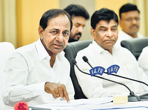 Chief Minister K Chandrasekhar Rao gestures during his press conference at Pragathi Bhavan in Hyderabad on Sunday.