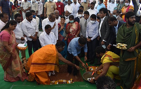 Minister K T Ramarao laid foundation stone for expansion of Genpact Campus at Uppal in alignment with the GRID Policy in Hyderabad on Sunday.(Photo | Express Senbagapandiyan)