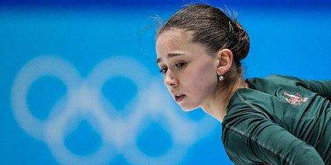 Kamila Valieva, of the Russian Olympic Committee, trains at the 2022 Winter Olympics, Monday, Feb. 14, 2022, in Beijing. (Photo | AP)