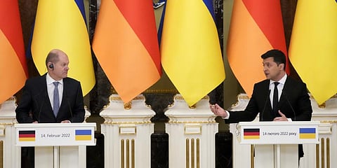 Ukrainian President Volodymyr Zelenskyy, right, and German Chancellor Olaf Scholz attend their joint news conference following talks at The Mariinskyi Palace in Kyiv.(Photo | AP)