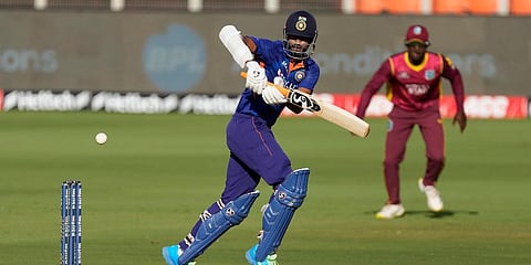 India's Washington Sundar plays a shot during the third one day international cricket match between India and West Indies in Ahmedabad, India, Friday, Feb. 11, 2022. (Photo | AP)