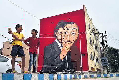 A mural of The Professor, a character from Money Heist, at Necklace Road | S Senbagapandiyan