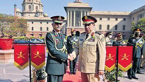 Army chief General MM Naravne with Royal Saudi Land Forces commander Lt Gen Fahd Bin Abdullah Mohammed Al-Mutair in South Block on Tuesday. (Photo | Shekhar Yadav/EPS)