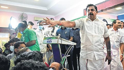 Leader of the Opposition Edappadi K Palaniswami motions to a crowd of AIADMK cadre at a campaign meeting in Tiruchy on Tuesday | MK Ashok Kumar
