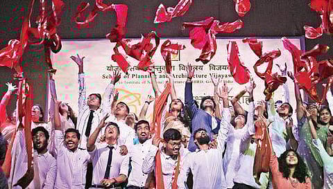 School of Planning and Architecture students celebrate at convocation ceremony in Vijayawada on Friday. (Representational photo I P Ravindra Babu)