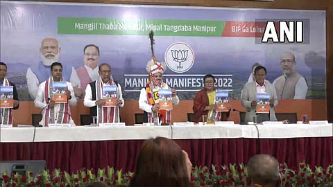 BJP national president JP Nadda releasing the manifesto on Thursday. (Photo| Twitter/ANI)