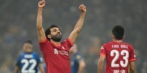 Liverpool's Mohamed Salah celebrates after scoring a goal during a Champions League match against Inter Milan at the San Siro stadium in Milan. (Photo| AP)
