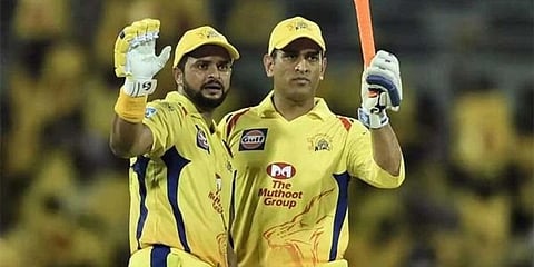 Chennai Super Kings legends MS Dhoni (R) and Suresh Raina (Photo | PTI)
