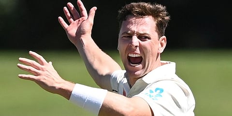 Matt Henry of New Zealand during play on day one of the first cricket test between South Africa and New Zealand at Hagely Oval in Christchurch. (Photo | AP)