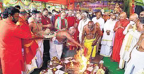 Swaroopananda Saraswati Maha Swami of Sharada Peetham of Visakhapatnam during the Bhoomi puja, at Sri Bala Anjaneya Swamy temple on Wednesday | Express