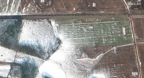This Feb. 16, 2022 satellite image provided by Maxar Technologies shows a military convoy headed westbound at Rechitsa in Belarus. (Photo | AP)