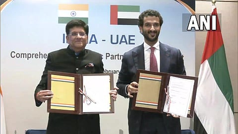 Union Minister Piyush Goyal and UAE Minister Abdulla bin Touq Al Marri after signing the Comprehensive Economic Partnership Agreement. (Photo | Twitter/ANI)