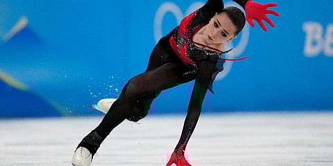 Kamila Valieva, of the Russian Olympic Committee, falls in the women's free skate program during the figure skating competition at the 2022 Winter Olympics, Feb. 17, 2022, in Beijing. (Photo | AP)