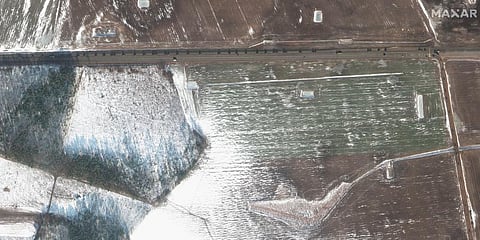 This Feb. 16, 2022 satellite image provided by Maxar Technologies shows a military convoy headed westbound at Rechitsa in Belarus.(Photo | AP)