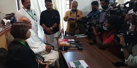 Swapna Suresh speaks to reporters after joining NGO High Range Development Society-India, at its Thodupuzha office.