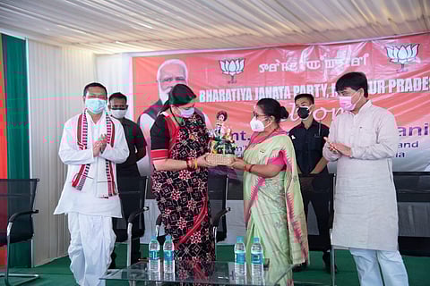 Union Minister Smriti Irani at a rally in Manipur's Lamsang. (Photo | EPS)