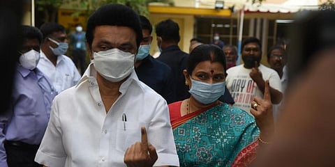 Tamil Nadu CM MK Stalin after casting his vote at a polling booth at SIET College in Teynampet, in Chennai on Saturday, Feb 19, 2022. (Photo | Express, R.Satish babu)