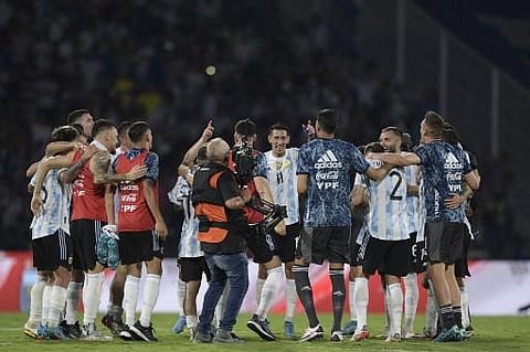 Argentina's football players celebrates after winning 1-0 their South American qualification football match for the FIFA World Cup Qatar 2022 against Colombia.(Photo | AFP)