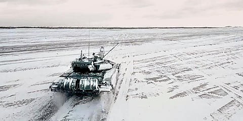 A tank drives during a Russian and Belarusian joint military drills at Brestsky firing range, Belarus - Released by the Russian Defense Ministry Press Service, Feb 2, 2022. (Photo | AP)