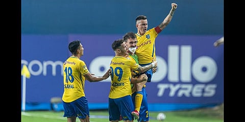 KBFC players in celebration mode after Adrian Nicolas Luna scores the opening goal.(Photo | ISL)