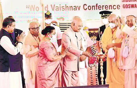 President Ram Nath Kovind lighting the lamp at the event in Puri on Sunday (Photo| Express)