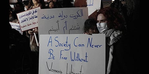 Women's rights activists and their supporters protest outside Kuwait's National Assembly, in Kuwait City, Monday, Feb. 7, 2022.(File Photo | AP)