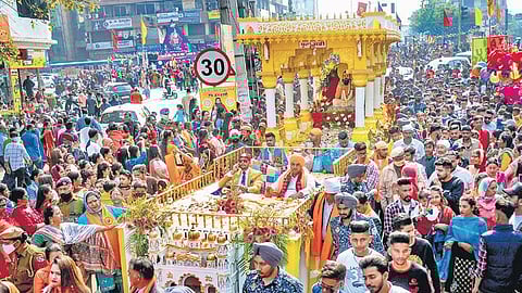 A procession on the eve of Guru Ravidass Jayanti in Jalandhar (Photo | PTI)