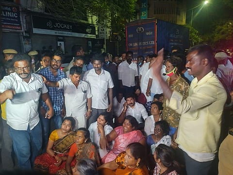 AIADMK party workers protesting near Nungambakkam police station following D Jayakumar arrest. (Photo | Martin Louis)