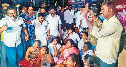 Former Minister D Jayakumar’s son J Jayavardhan leads a protest near the Nungambakkam police station after the former’s arrest on Monday | Martin Louis