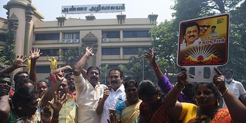 DMK cadre celebrate the party's victories in the urban local body polls at the party headquarters, in Chennai on Tuesday, Feb 22, 2022. (Photo | EPS, R Satish Babu)