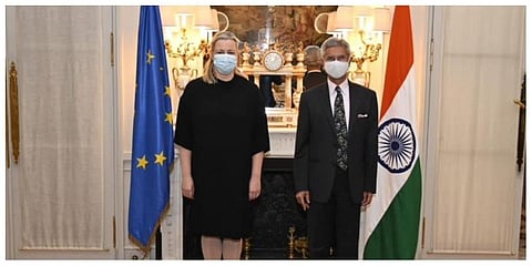 External Affairs Minister S Jaishankar with EU Commissioner for International Relationships Jutta Urpilainen. (Photo: Twitter/@DrSJaishankar)