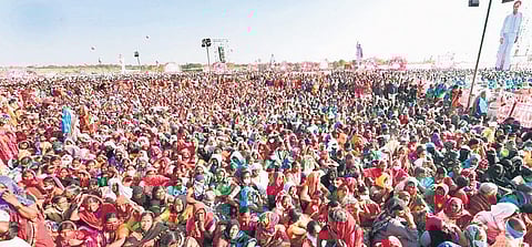 Chief Minister K Chandrasekhar Rao addresses a public meeting at Narayankhed in Sangareddy district on Monday (Right) A large number of people attended the meeting