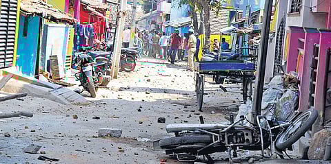 The scene after stone-throwing incidents in Shivamogga on Monday. (Photo | EPS)