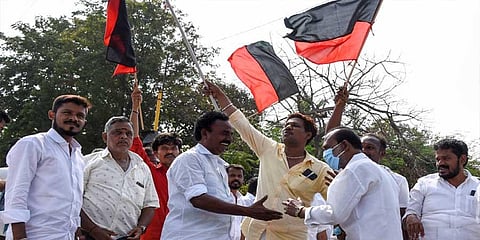DMK cadre celebrating their party’s victory in the urban local body elections outside the counting centre at Jamal Mohammed college in Tiruchy on Tuesday | MK Ashok Kumar