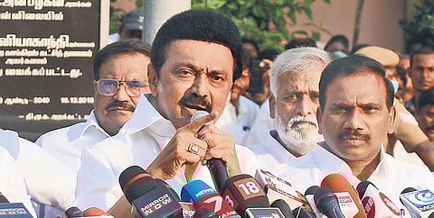 DMK President and CM MK Stalin speaks to media after the party’s big win in urban local body polls, at party headquarters in Chennai on Tuesday | DEBADATTA MALLICK