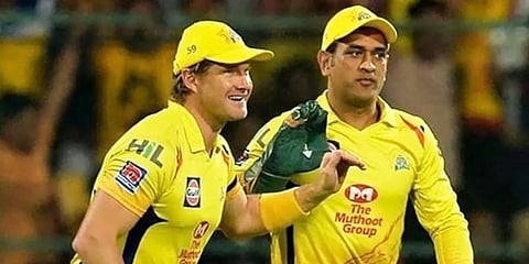 CSK legends Shane Watson (L) and MS Dhoni (Photo | PTI)