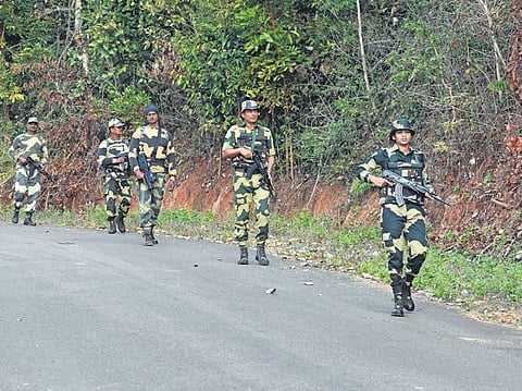 BSF personnel patrolling in Maoist-hit Narayanpatna block of Koraput. (Photo | EPS)