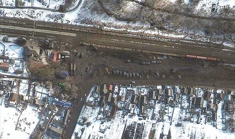 This Tuesday, Feb. 22, 2022 satellite imagery provided by Maxar Technologies shows armor and vehicles at a railyard in Belgorod, Russia. (Photo | AP)