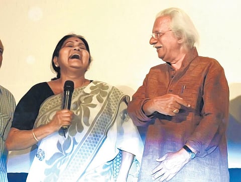 Adoor Gopalakrishnan with KPAC Lalitha during an event held to mark the golden jubilee of former’s film-making career on August 17, 2016 | Express file photo