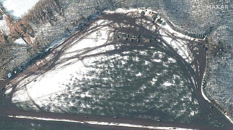 This Wednesday, Feb. 23, 2022, satellite image provided by Maxar Technologies shows troops and equipment deployment near Krasnaya Yaruga, Russia. (Photo | AP)