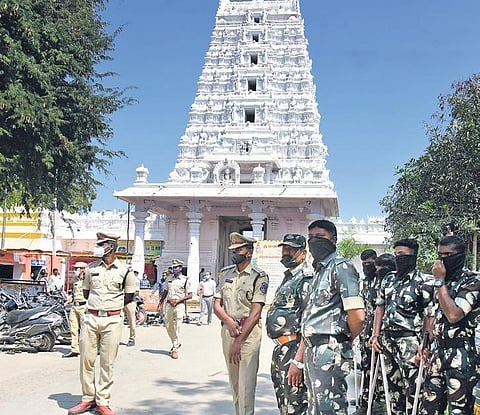 Police deployed at Karmanghat Hanuman temple in Hyderabad. (Photo| EPS, Vinay Madapu)