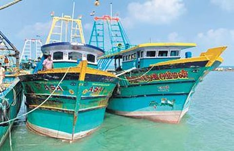 Seized fishing boats impounded at Myliddy Fishing Harbour. ( Photo | EPS)