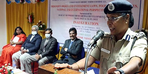 Vellore range Dr Annie Vijaya addresses prison officers during the inauguration of a three-day short term course on prisoners rights in Vellore on Thursday