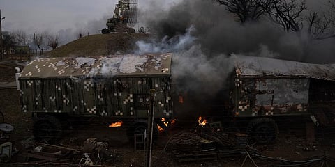 Smoke rise from an air defence base in the aftermath of an apparent Russian strike in Mariupol, Ukraine. (Photo | AP)