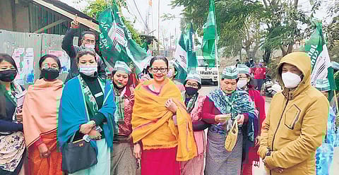 JDU candidate Thounaojam Brinda (wearing glasses) campaigns in Imphal. (Photo| EPS)